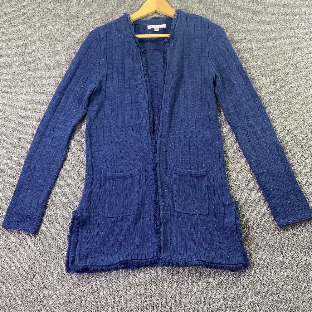 CAbi Duchess Longline Cardigan Sweater Navy Blue Speckled Frayed Cozy Women's XS